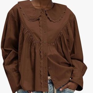 Brown Women's Blouse with Lace Collar